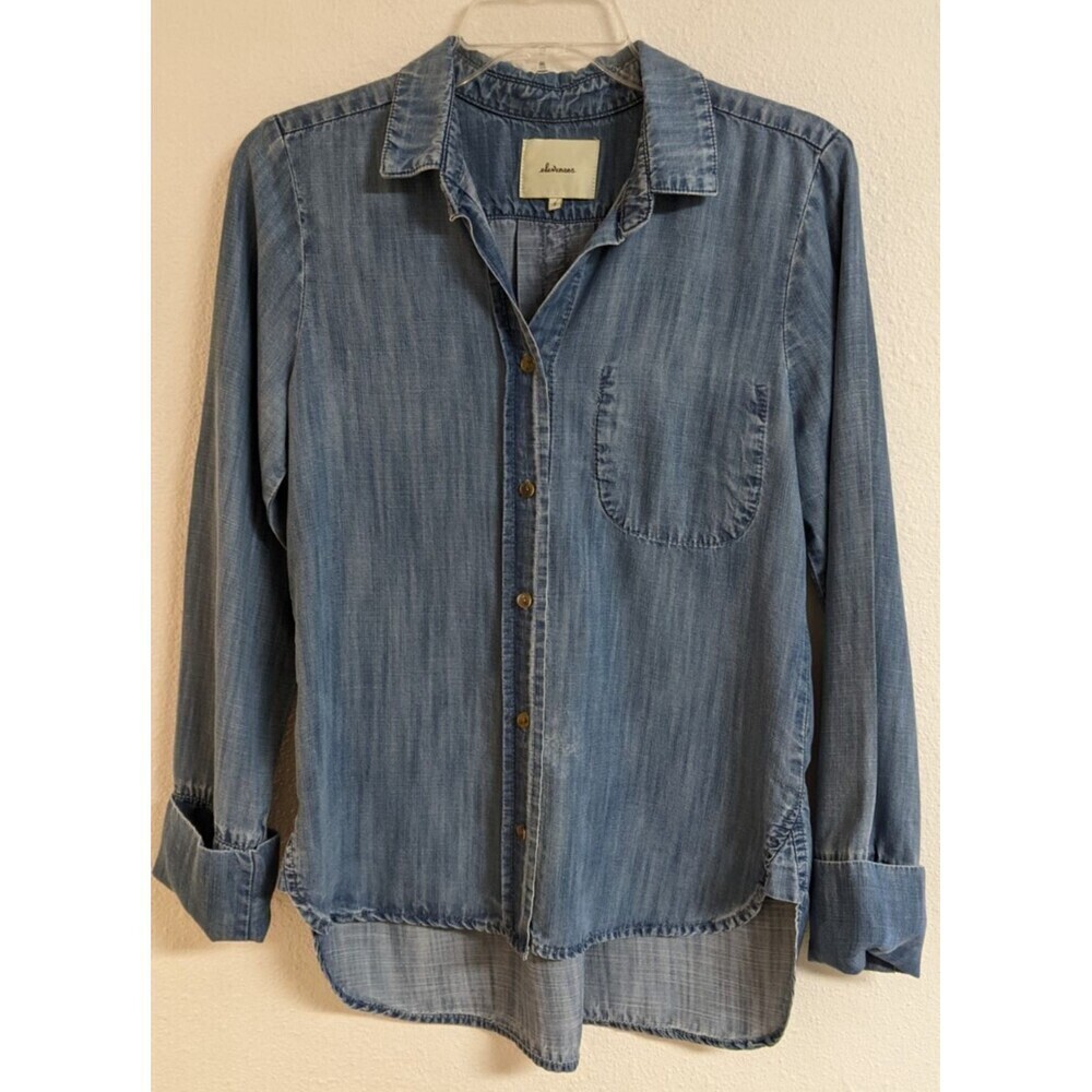 Women's Elevenses By Anthro Blue Chambray 100% Tencel Denim Button-Up Shirt S